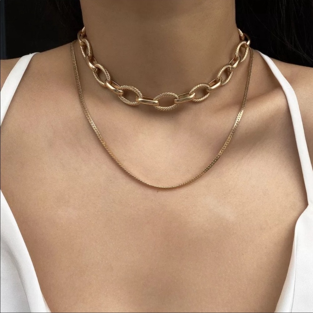 NEW 18K DOUBLE LAYERED LINK CHAIN CHOKER NECKLACE - Picture 2 of 6